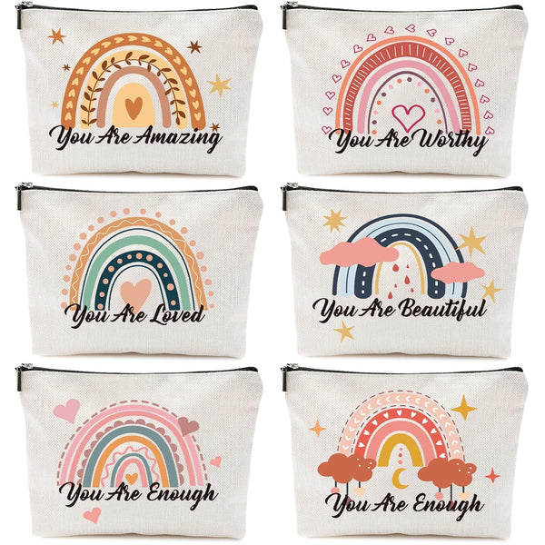 Chengu 6 Pcs Big Canvas Rainbow Heart Cosmetic Bags, Inspirational Gifts for Women, Sweet