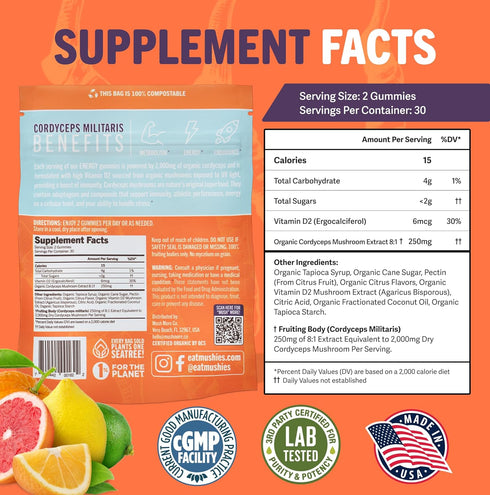 Mushie 100% Gummies 2000mg Immune 60 Count Organic Cordyceps Mushroom - Cordyceps Militaris Nootropic for Energy