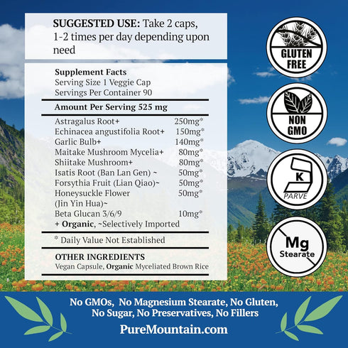 Pure Mountain Botanicals Immuno Well RX, Kosher Caps with Organic Astragalus, Echinacea, Garlic, and Mushrooms
