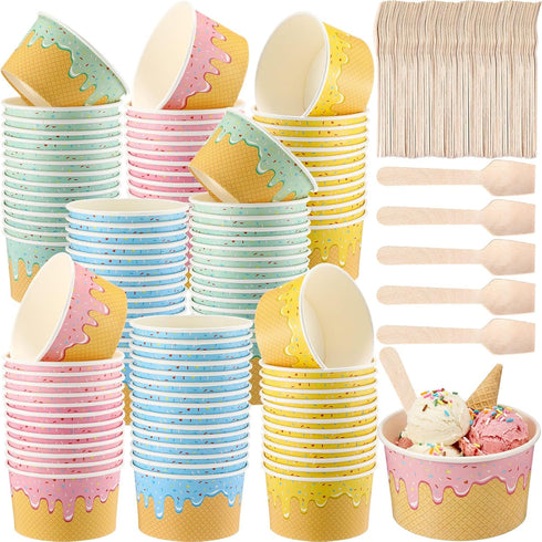 Ninehaoou 100 Pack 8 oz Paper Ice Cream Cups with Wooden Spoons, Disposable