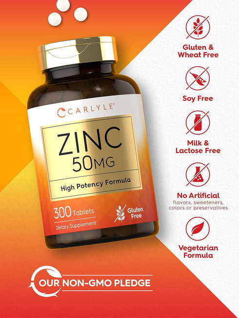 Carlyle Zinc | 50mg | 300 Tablets - Vegetarian, Non-GMO, Gluten Free Supplement | High Potency Formula