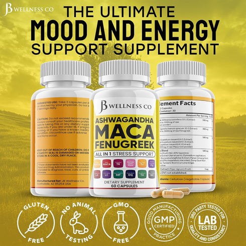 JB Wellness Co 60 Count Ashwagandha Maca Root, Fenugreek Supplement with Tongkat Ali Ginseng - Assists with Mood