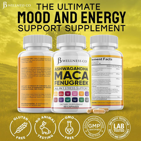 JB Wellness Co 120 Count Ashwagandha Maca Root Fenugreek Supplement with Tongkat Ali Ginseng - Assists with Mood