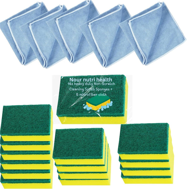 Sponge and Microfiber Cloth Set 14 Heavy Duty Scrub Sponges + 5