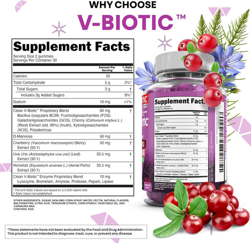 Gummies Gummy Vaginal Probiotic For Women | Prebiotics Cranberry D-Mannose Uva-Ursi Digestive Enzymes | Vaginal Health