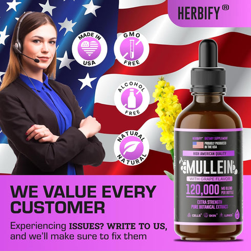 HERBIFY Mullein Drops - 4 Oz Leaf Extract for Lung Cleanse, Immune Support, Detox & Respiratory Support, Grape Flavor