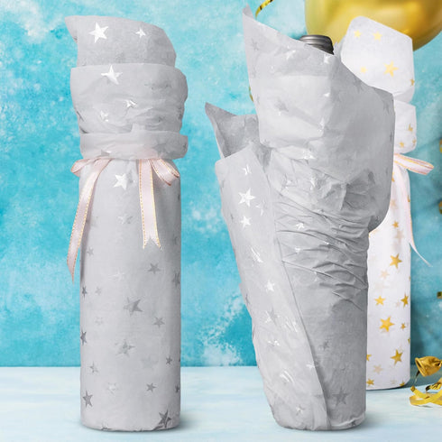 MR FIVE 100 Sheets White with Silver Star Tissue Paper, 20" x 14" for Gift Bags Birthday Holiday Weddings