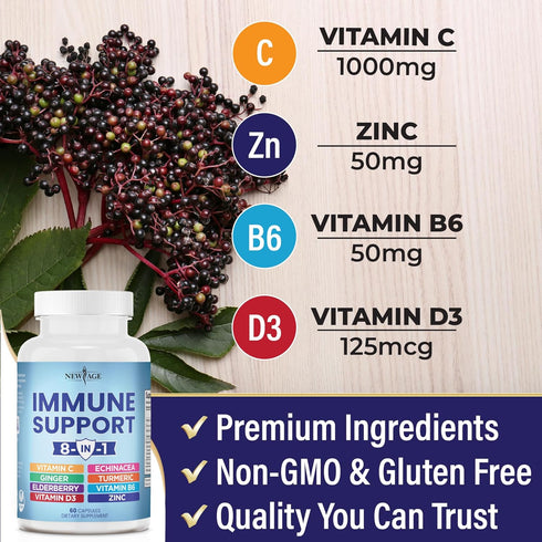8 in 1 Immune Support Booster Supplement with Echinacea, Vitamin C and Zinc 50mg, Vitamin D 5000 IU, Turmeric Curcumin