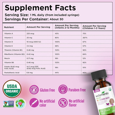Wellements Organic Baby Multivitamin Drops, 1 Fl Oz Cherry Flavor Liquid for Infants & Toddlers