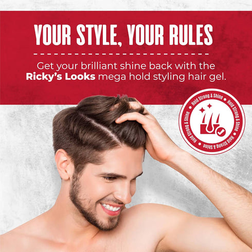 Ricky's Looks Mega Hold Styling Hair Gel for Curly, Frizzy, Straight, Wavy & Fine Hair, Flake Free
