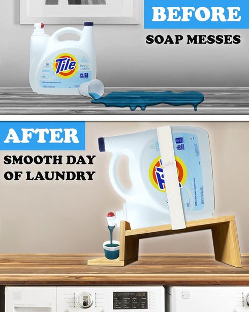 Skywin Wood Laundry Detergent Holder & Drip Tray Catcher, Wood Soap Dispenser, Laundry Bottle Stand, Organizer.
