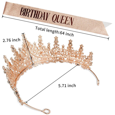Rose Gold Crown for Women Birthday Queen Sash & Rhinestone Tiara Set Decoration Hair Accessories