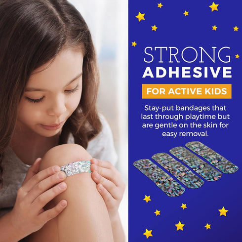 Glitter Bandages for Kids - 100 Count Box of Adhesive Strips with Colorful Glitter Design for First Aid