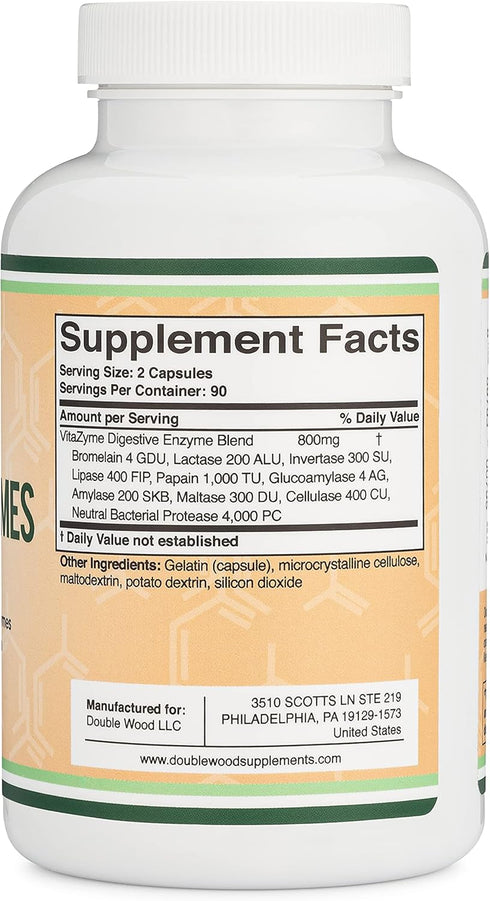 Digestive Enzymes by Double Wood - 800mg Blend of 10 Essential Digestive & Pancreatic Enzymes (Amylase, Lipase,