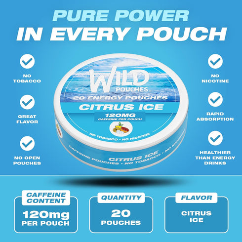 Wild Pouches 120mg 20 Wild Caffeine Pouches Nicotine Free Citrus Ice - x Energy Pouches - Caffeine Pouch