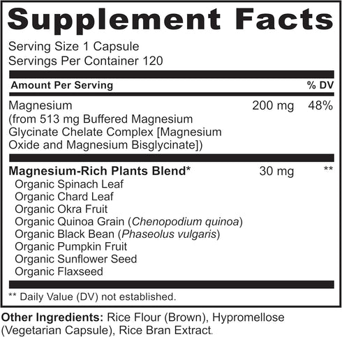 NATURELO Magnesium Glycinate Chelate Complex, 200 mg with Organic Vegetables for Sleep and Stress Relief