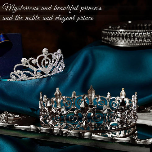 King Crown 2 Pcs Royal Metal Crystal Tiara Crown for Men, Women, Bridegroom, Bride, Princess for Weddings