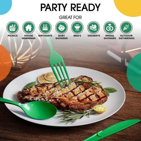 150 Pack Green Plastic Cutlery Set - Heavy Duty Disposable Utensils, 50 Forks, 50 Spoons, 50 Knives