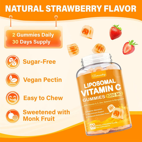 Tcemundry Gummies 1000mg Gummy Liposomal Vitamin C for Adults: Vitamin C Chewable with Zinc, Elderberry, Vitamins A & E