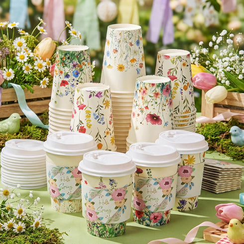 LemonRoad 48 Sets 12 oz 4 Wildflower Paper Disposable Coffee Cups with Lid, Sleeves, Color Spring Cute Flower Designs