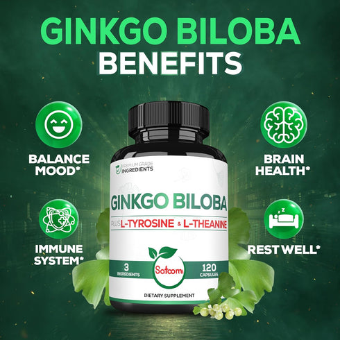 1000mg Ginkgo Biloba Supplements with L-Tyrosine & L-Theanine - 120 Capsules for 2-Month Supply, Support Focus & Memory