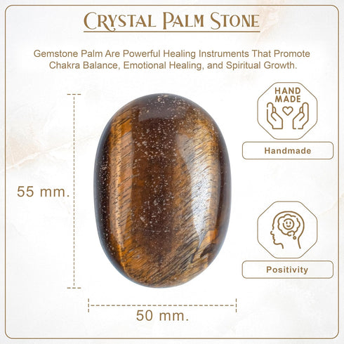 55-60mm Tiger Eye Palm Stone and Crystal - Natural Body Chakra Balancing Worry Stone Large Oval Palm Stone Chakra Healing Hand Carved Pocket Massage Stone Reiki Polished Stone Massage Spa Energy Stone