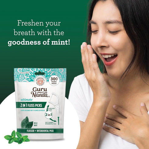 GuruNanda 2 in 1 Dental Floss Picks, Non-Slip Grip Handle, Complete Oral Care with Interdental Pick (Mint Flavor)