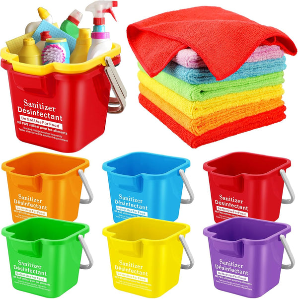 6 Sets 3 Quart Cleaning Bucket with Microfiber Cloths, Small Sanitizing Square Bucket for Household, Restaurant, Office