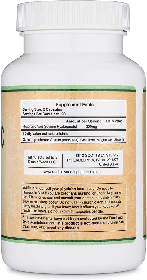 Hyaluronic Acid Supplements, 180 Capsules (200mg Per Serving) for Skin and Face Aging Support, Gluten Free by Double