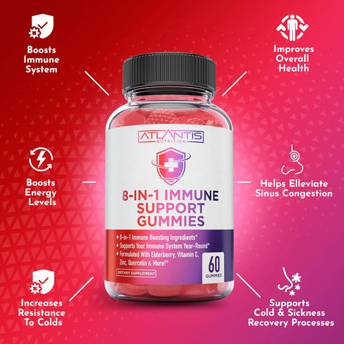 8-In-1 Immune Support Gummies with Elderberry, Zinc & Vitamin C, 60 Gummies for Adults & Kids Immune Boosters