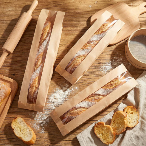 Yuanan 200 23.2"X4.3"X1.6" 300 PCS Paper Bread Bag with Window, French Bread Bags with Seal Stickers Long Paper Breads