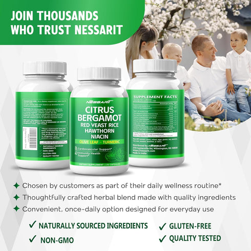 NESSARIT 15-in-1 150 Count Citrus Bergamot Supplement - Natural Blend with Red Yeast Rice Hawthorn Olive Leaf Odorless