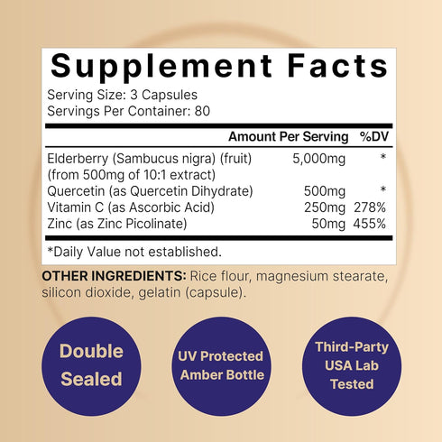 NatureBell Sambucus Elderberry Capsules - 5000mg with Quercetin, Vitamin C and Zinc, 240 Count Immune Support