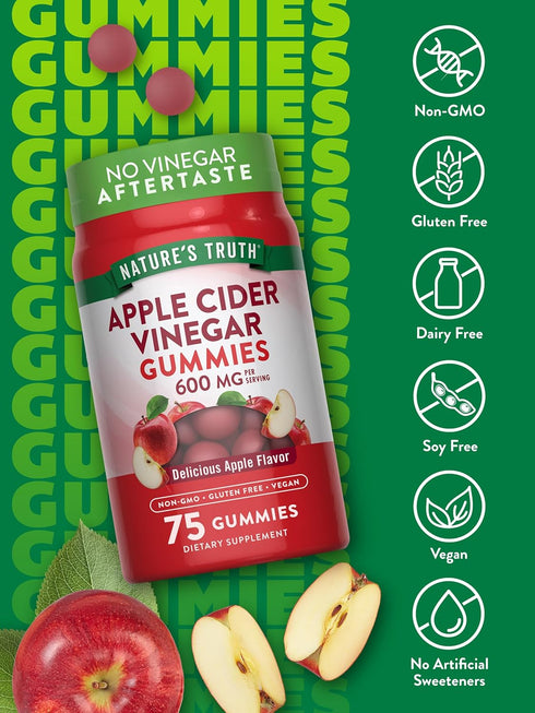 Apple Cider Vinegar Gummies, 600 mg, 75 Gummies, Vegan, Non-GMO, Gluten Free Supplement
