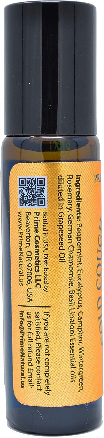 PRIME NATURAL Cold Cough Congestion Relief Essential Oil Roll-On (10ml), Pre-Diluted Roller for Sinus, Headache