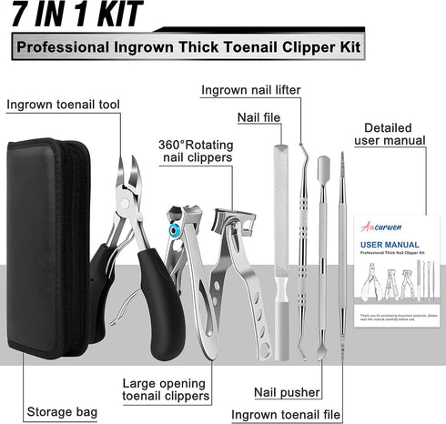 Toenail Clippers for Seniors Thick Toenails, Aucurwen Heavy Duty Toe Nail Clippers Adult Thick Nails Long Handle, Large Toenail Clippers for Thick Nails 7Pcs
