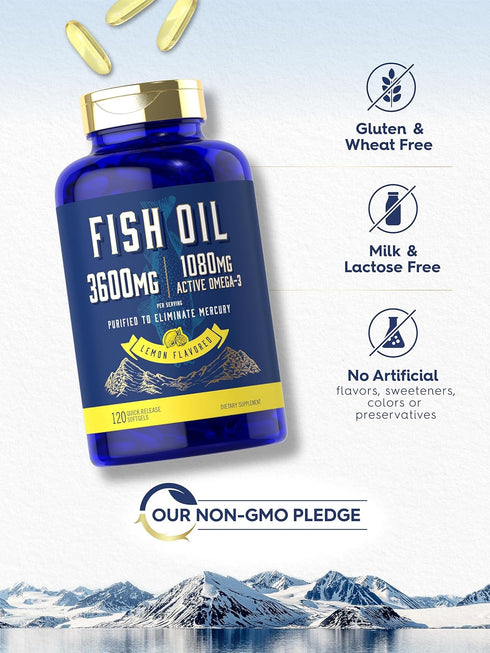 Carlyle Fish Oil 3600mg | 120 Count | 1080mg Omega 3 | Non-GMO and Gluten Free Supplement