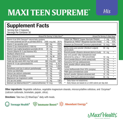 Maxi Health Multivitamin for Him – Boys Vitamins Ages 12–17, Men’s Multivitamin for Energy & Immune Boost, 60 Count