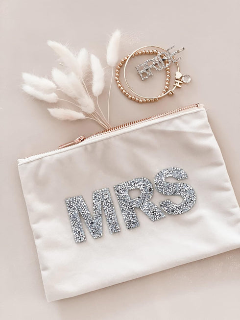 Mrs Makeup Velvet Bag, Bride Cosmetic Pouch with Sparkle Letter, Bridal Shower Gift Idea
