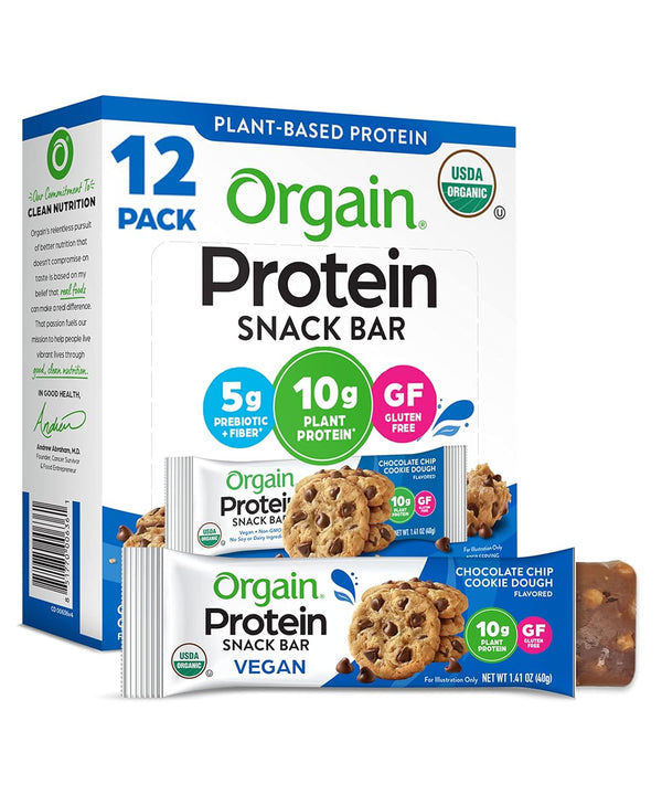 Orgain Organic Vegan Protein Bars, Chocolate Chip Cookie Dough - 10g Plant Based Protein, Gluten Free - 1.41 Oz (Pack