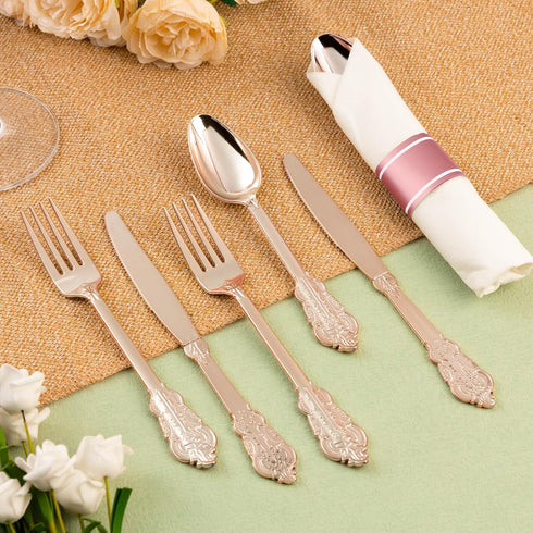 75PCS Rose Gold Plastic Silverware for 25 Guests, Heavy Duty Disposable Utensils Set Includes 25 Forks, 25 Spoons, 25