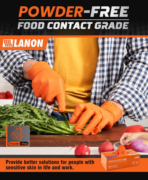 LANON 8mil Orange Disposable Nitrile Gloves, Mechanic, Heavy Duty, Food Safe, Latex Free, XL