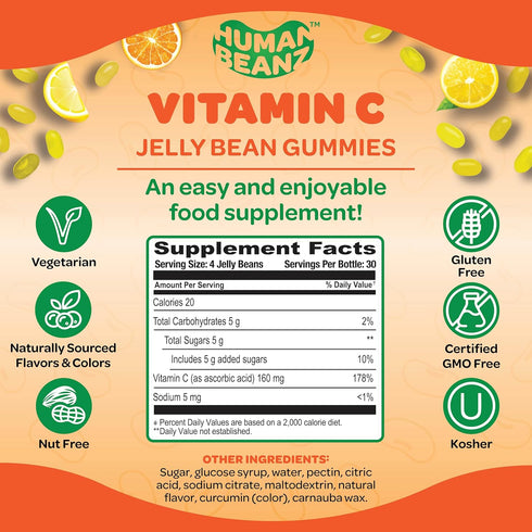 Vitamin C Jelly Bean Gummies for Adults - 120 Citrus Blast Jelly Beans, Immune Support Dietary Supplements, Vegetarian,