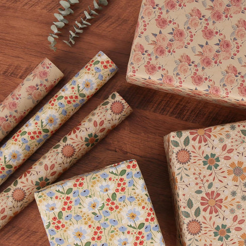 Aimyoo Kraft Floral Wrapping Paper Bundle, Vintage Spring Flowers Rose Gift Wrap Paper, 3 Rolls 17 in x 16 ft per Roll