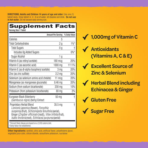 Airborne Elderberry + Zinc & Vitamin C Effervescent Tablets - 20 Fizzy Drink Tablets for Immune Support