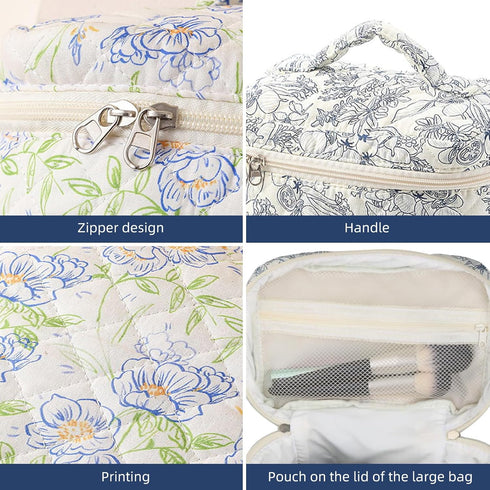 Quilted Floral Makeup Bag 3PCS | Cute Cotton Travel Toiletry Bag, Large Capacity for Daily Use