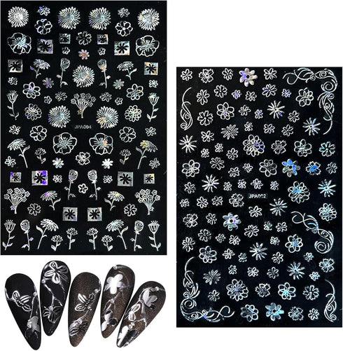 10 Sheets Flower Nail Stickers, Silver Nail Decals 3D Self-Adhesive Leaf Nail Art Stickers for Women Manicure