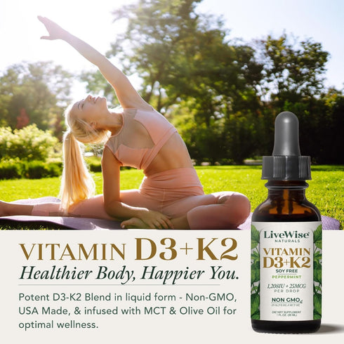 LiveWise Naturals Vitamin D3 with K2 Liquid Drops, 1208 IU D3 & 25 mcg K2, All Natural, USA Made