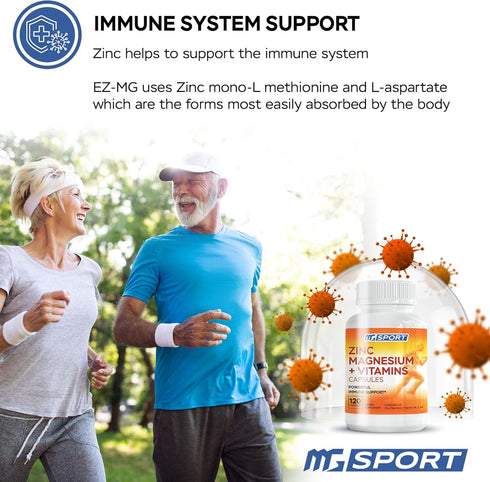Magnesium Zinc Supplement with Vitamins B6, B9, High Absorption for Immune Support, 120 Capsules.