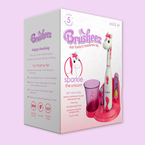 Brusheez Kids’ Electric Toothbrush Set (Sparkle The Unicorn) - Safe & Effective for Ages 3+, 2 Brush Heads, Rinse Cup